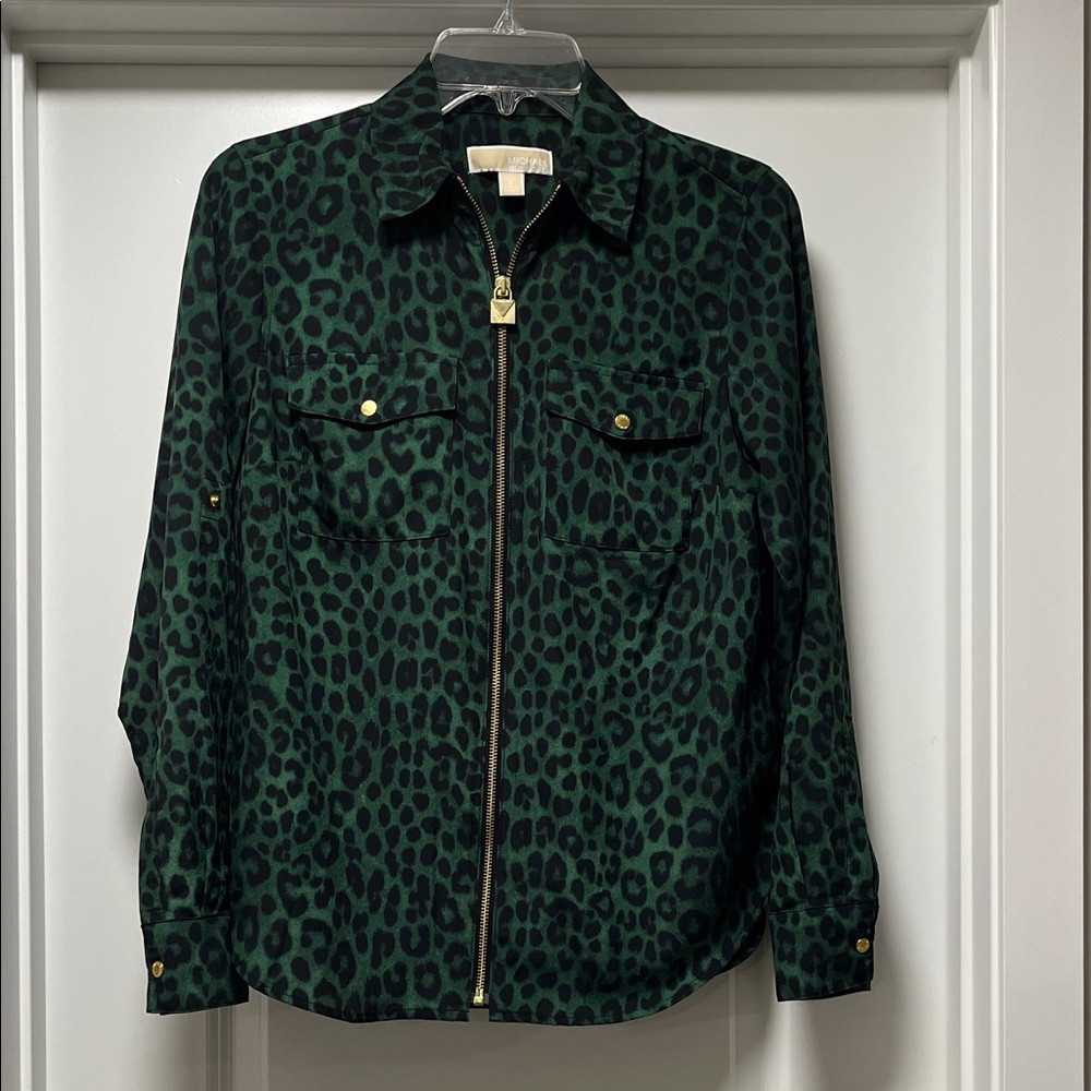 Michael Kors Green and black Leopard Print long-sleeve Zip-Up Shirt, sz S